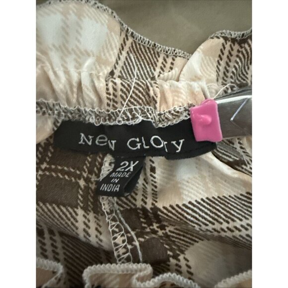 New Glory Off The Shoulder Crop Front Tie Knot Button Brown Peach Plaid WM 2X - Picture 4 of 16